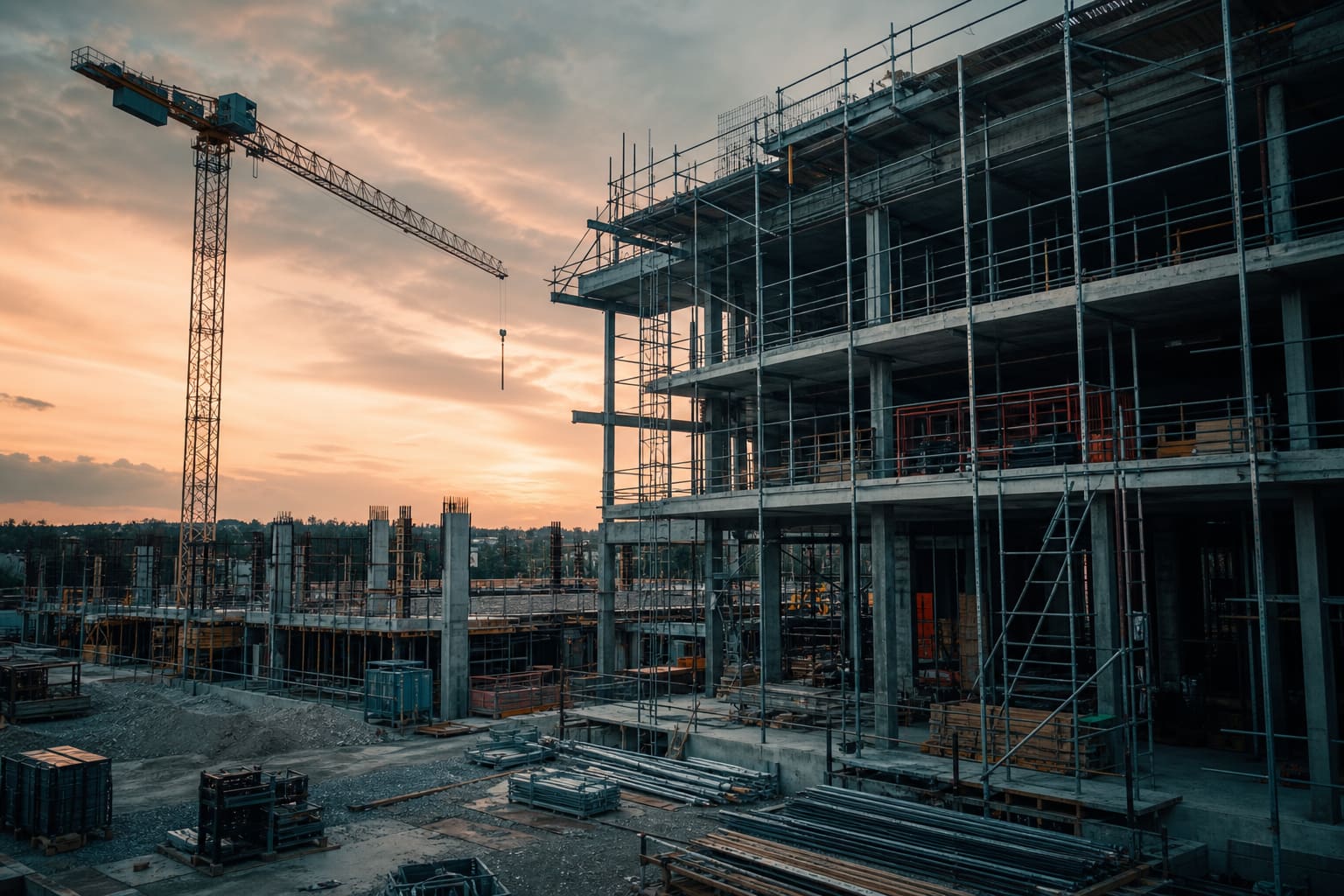Baustelle am Abend — Symbolbild für digitale Projektsteuerung mit bauplatform
